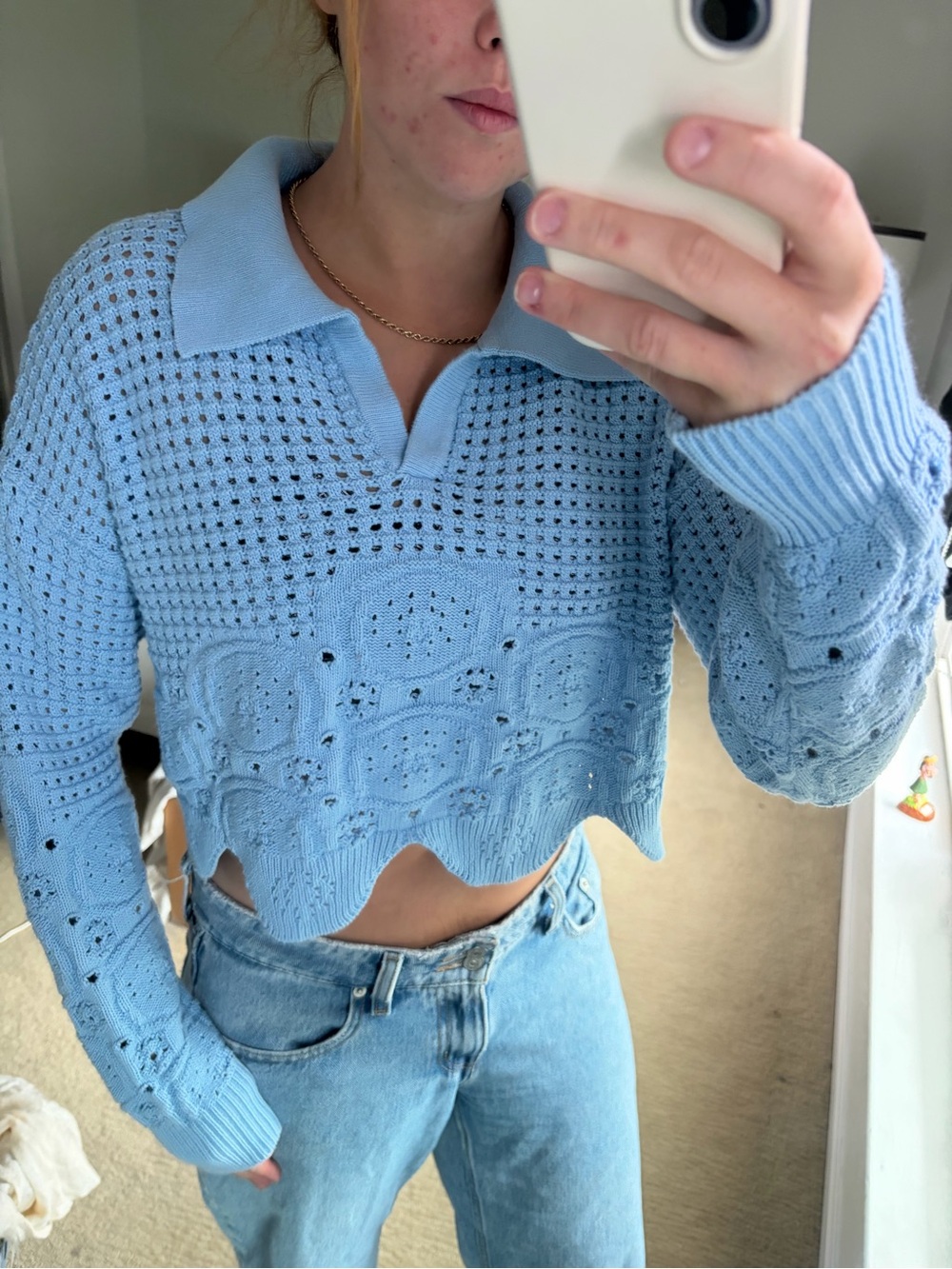 La Hearts Light Blue Open-Knit Cropped V-Neck Sweater